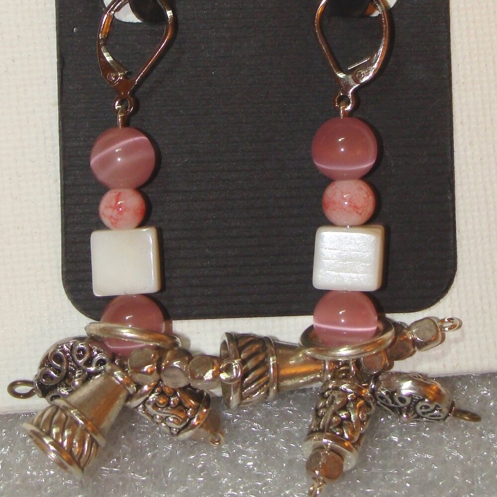 Custom Jewelry, Dangle Round Pink & Striped Beads, White Square & Silver Accents